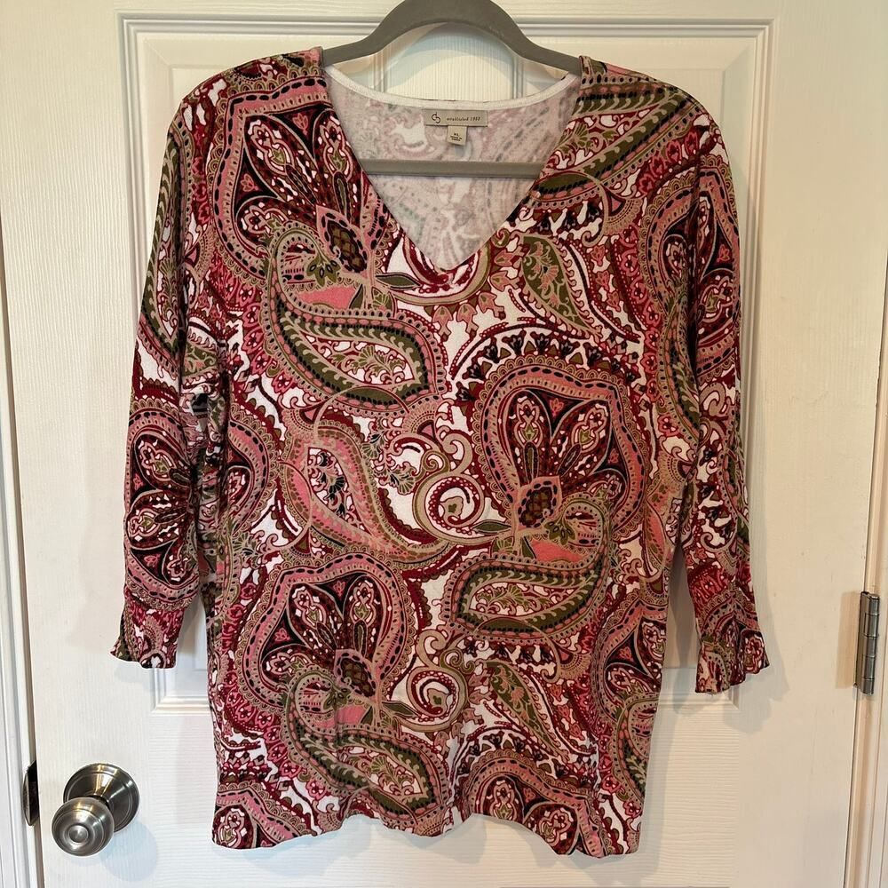 Dressbarn V-Neck Abstract Paisley Print Sweater Top Pink White XL